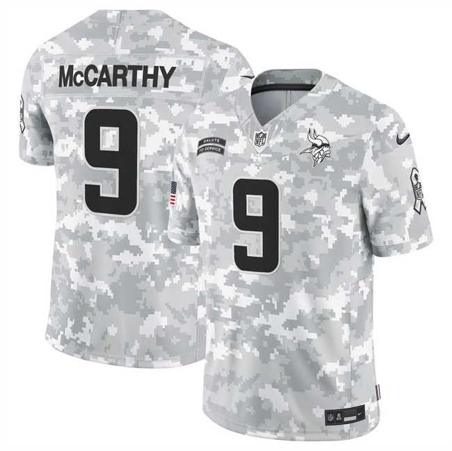 Men%27s Minnesota Vikings #9 J.J. McCarthy 2024 F.U.S.E Arctic Camo Salute To Service Limited Stitched Jersey Dyin